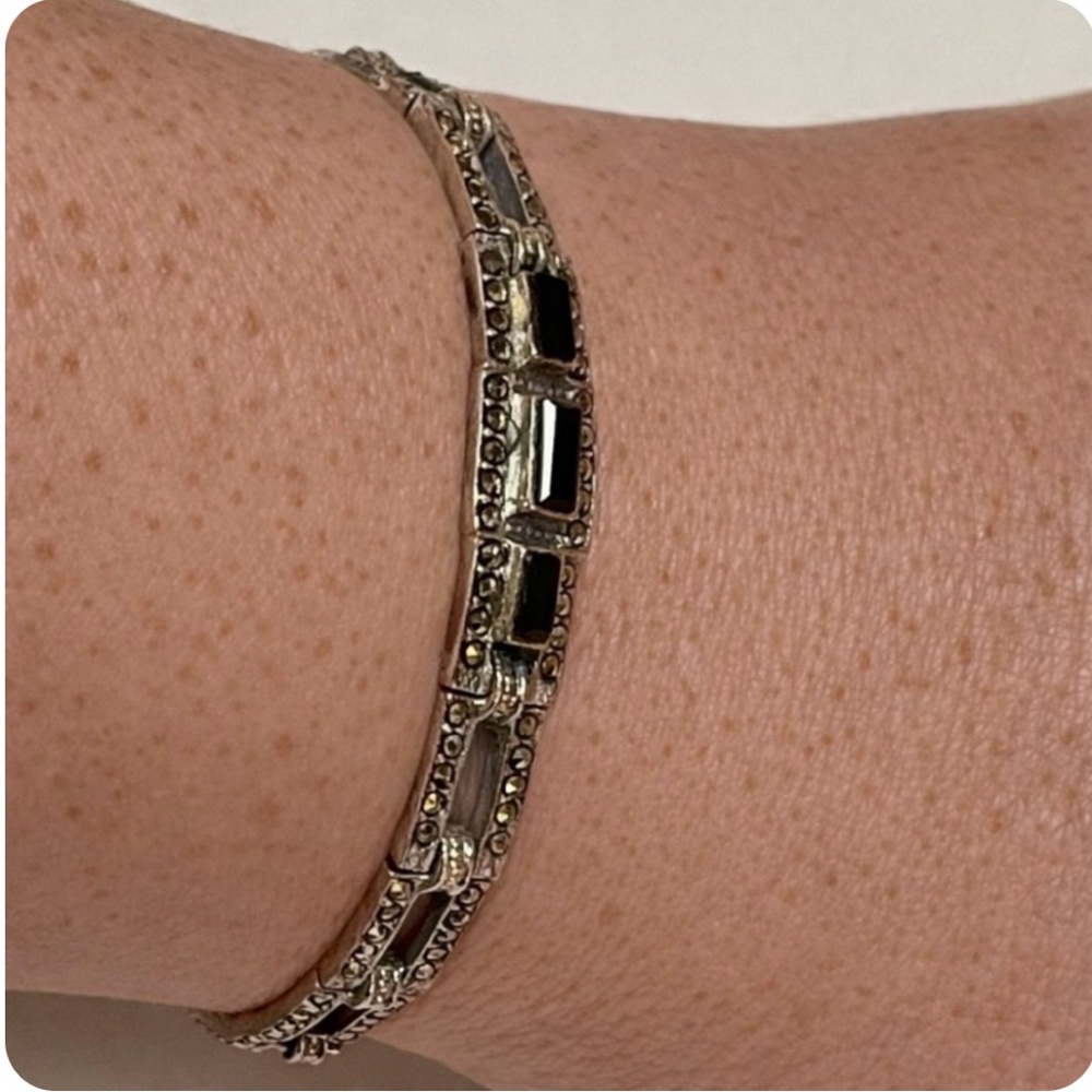 925 Silver Black Marcasite Chain Bracelet Art Deco Panel link GUC Two-tone